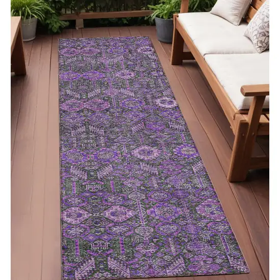 8' Runner Purple and Green Floral Washable Non Skid Indoor Outdoor Runner Rug Photo 1