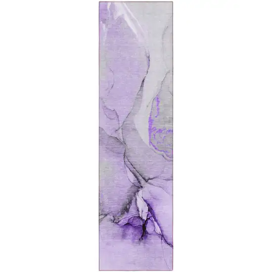 Purple and Ivory Abstract Washable Non Skid Indoor Outdoor Runner Rug Photo 2