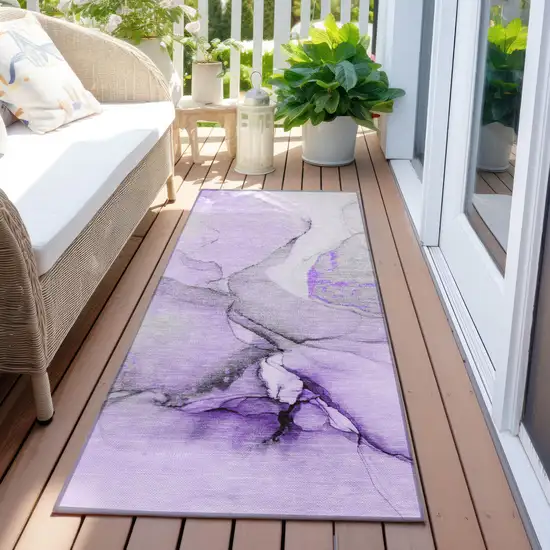 Purple and Ivory Abstract Washable Non Skid Indoor Outdoor Runner Rug Photo 8