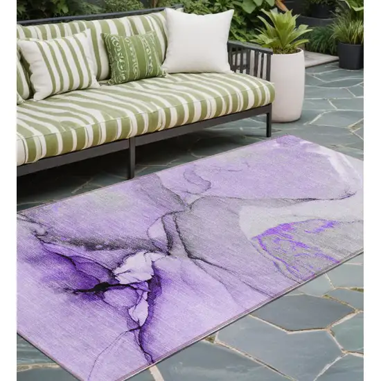 Purple and Ivory Abstract Washable Non Skid Indoor Outdoor Runner Rug Photo 1