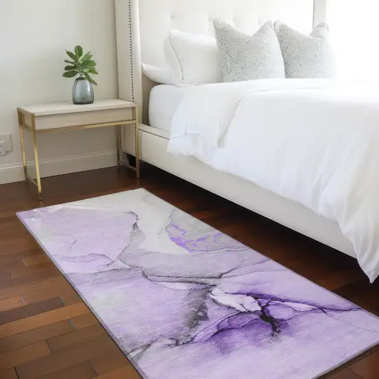 Purple and Ivory Abstract Washable Non Skid Indoor Outdoor Runner Rug Photo 9