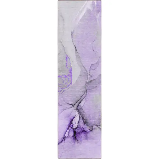 8' Runner Purple and Ivory Abstract Washable Non Skid Indoor Outdoor Runner Rug Photo 4