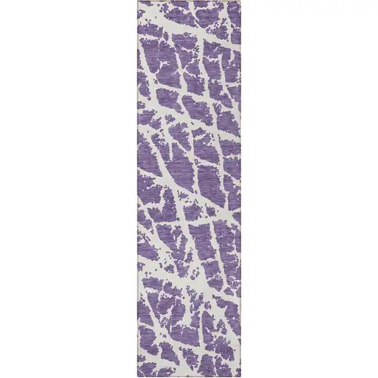 8' Runner Purple and White Abstract Washable Non Skid Indoor Outdoor Runner Rug Photo 5