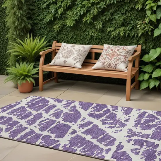 Purple and White Abstract Washable Non Skid Indoor Outdoor Runner Rug Photo 1