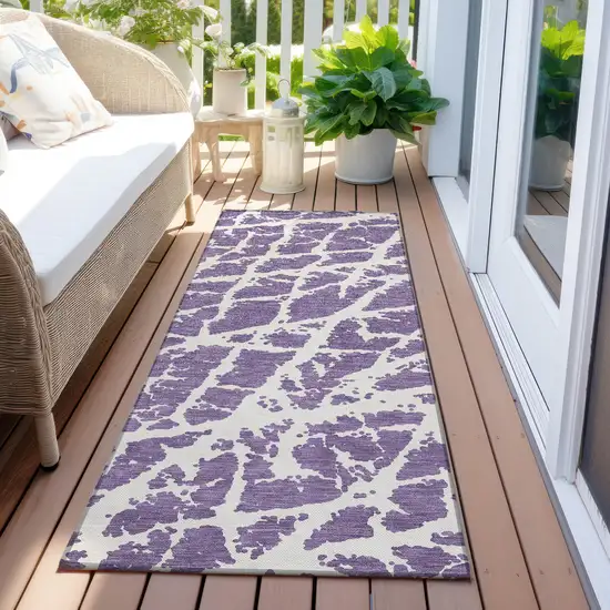 8' Runner Purple and White Abstract Washable Non Skid Indoor Outdoor Runner Rug Photo 8