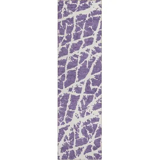 8' Runner Purple and White Abstract Washable Non Skid Indoor Outdoor Runner Rug Photo 2