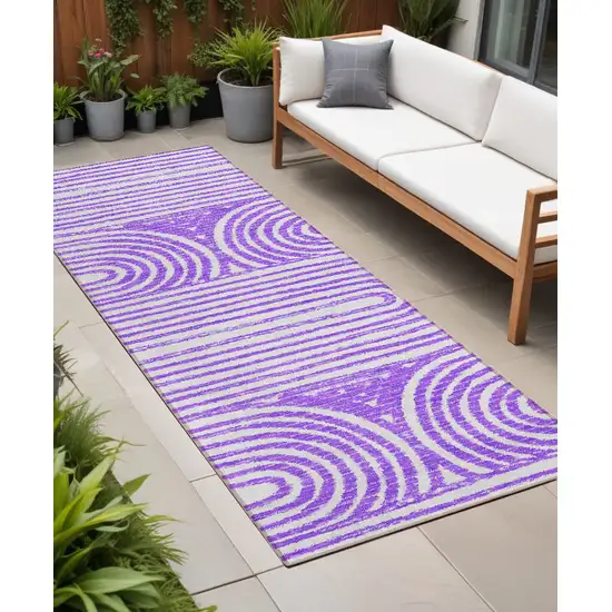 Purple and White Abstract Washable Non Skid Indoor Outdoor Runner Rug Photo 1