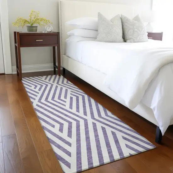 8' Runner Purple and White Geometric Washable Non Skid Indoor Outdoor Runner Rug Photo 9