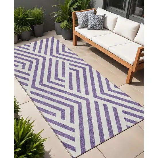 Purple and White Geometric Washable Non Skid Indoor Outdoor Runner Rug Photo 1