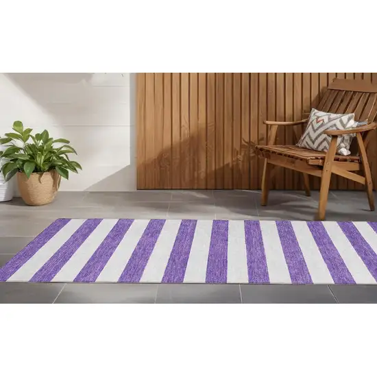 Purple and White Striped Washable Non Skid Indoor Outdoor Runner Rug Photo 1