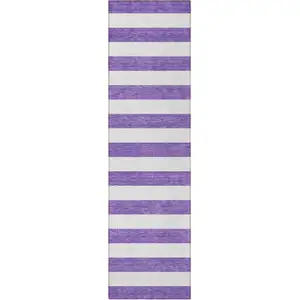 Photo of 8' Runner Purple and White Striped Washable Non Skid Indoor Outdoor Runner Rug