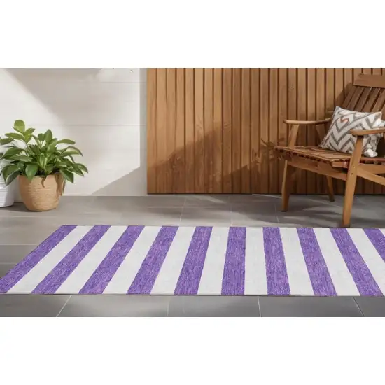 Purple and White Striped Washable Non Skid Indoor Outdoor Runner Rug Photo 1