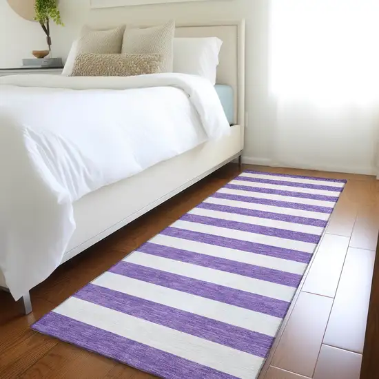 8' Runner Purple and White Striped Washable Non Skid Indoor Outdoor Runner Rug Photo 9