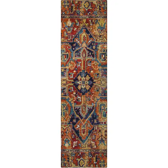 8' Runner Red Orange and Blue Oriental Washable Non Skid Indoor Outdoor Runner Rug Photo 5