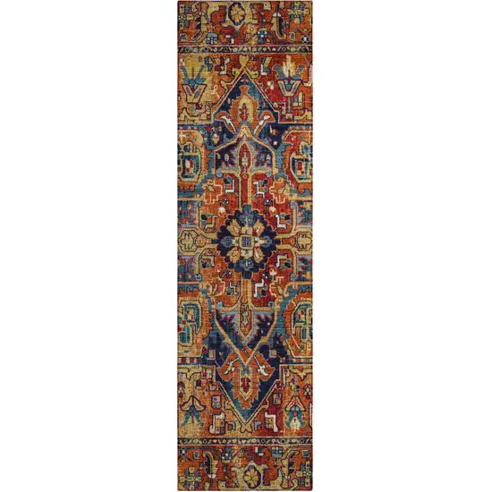 8' Runner Red Orange and Blue Oriental Washable Non Skid Indoor Outdoor Runner Rug Photo 2