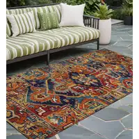 Photo of 8' Runner Red Orange and Blue Oriental Washable Non Skid Indoor Outdoor Runner Rug