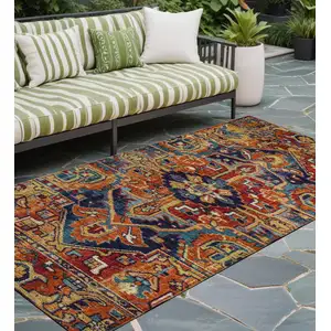 Photo of 8' Runner Red Orange and Blue Oriental Washable Non Skid Indoor Outdoor Runner Rug