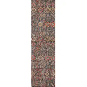 Photo of 8' Runner Red and Dark Blue Floral Washable Non Skid Indoor Outdoor Runner Rug