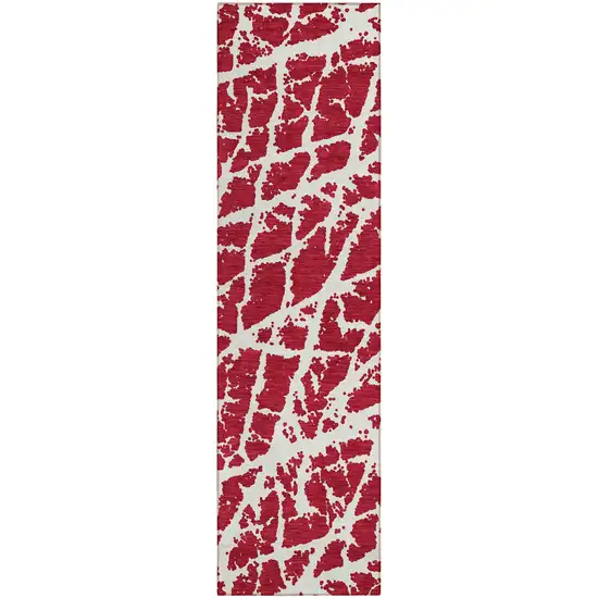 Red and White Abstract Washable Non Skid Indoor Outdoor Runner Rug Photo 2