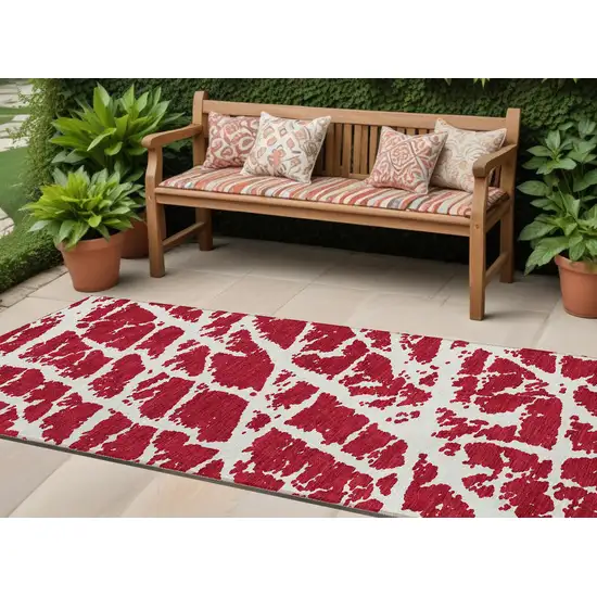 Red and White Abstract Washable Non Skid Indoor Outdoor Runner Rug Photo 1