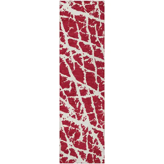 Red and White Abstract Washable Non Skid Indoor Outdoor Runner Rug Photo 4