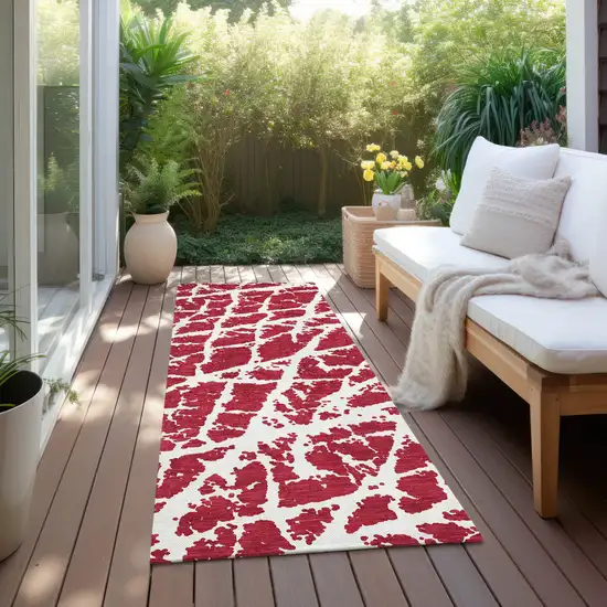 Red and White Abstract Washable Non Skid Indoor Outdoor Runner Rug Photo 8