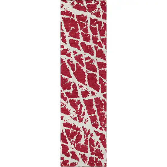 8' Runner Red and White Abstract Washable Non Skid Indoor Outdoor Runner Rug Photo 5