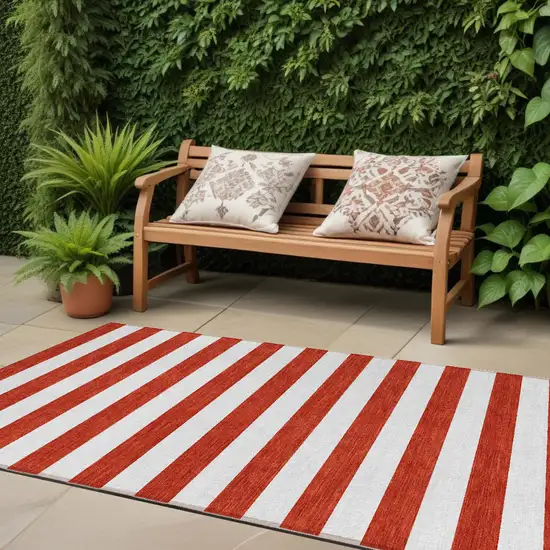 8' Runner Red and White Striped Washable Non Skid Indoor Outdoor Runner Rug Photo 1