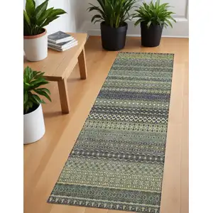 Photo of 8' Runner Sage Striped Washable Non Skid Indoor Outdoor Runner Rug