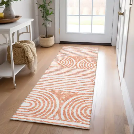 8' Runner Salmon Abstract Washable Non Skid Indoor Outdoor Runner Rug Photo 8