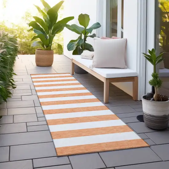 Salmon Striped Washable Indoor Outdoor Runner Rug Photo 7