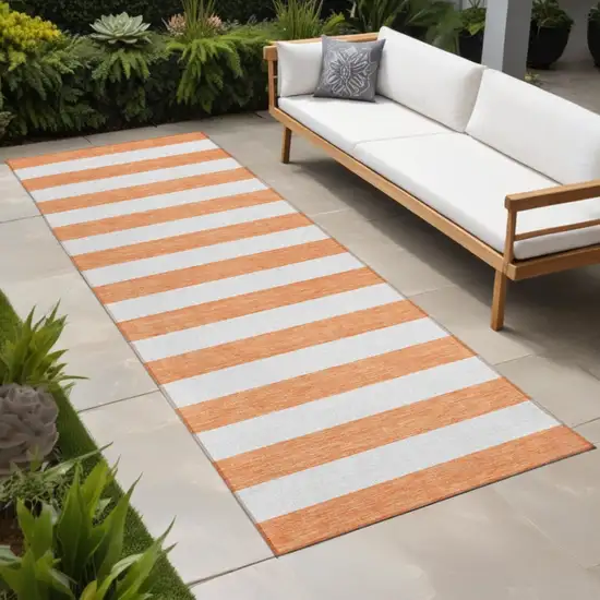 Salmon Striped Washable Indoor Outdoor Runner Rug Photo 1