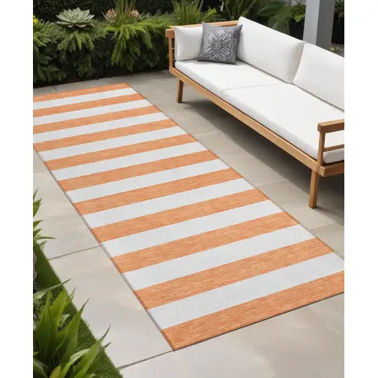 Salmon Striped Washable Indoor Outdoor Runner Rug Photo 1