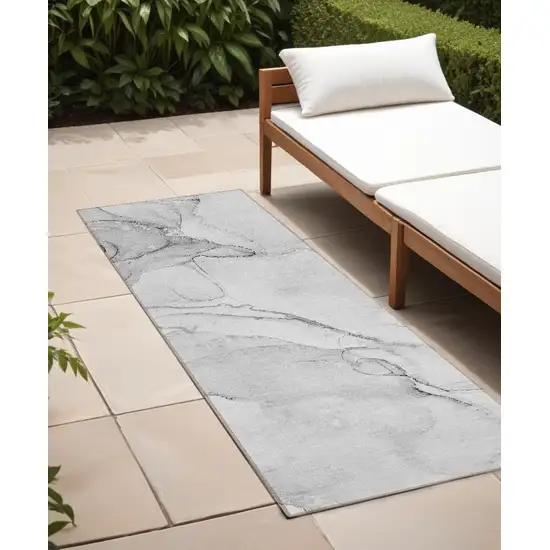 Silver Abstract Washable Non Skid Indoor Outdoor Runner Rug Photo 1