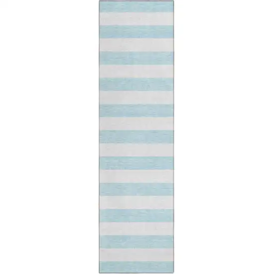 8' Runner Sky Blue Striped Washable Non Skid Indoor Outdoor Runner Rug Photo 2