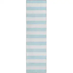 Photo of 8' Runner Sky Blue Striped Washable Non Skid Indoor Outdoor Runner Rug