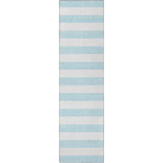 8' Runner Sky Blue Striped Washable Non Skid Indoor Outdoor Runner Rug Photo 4