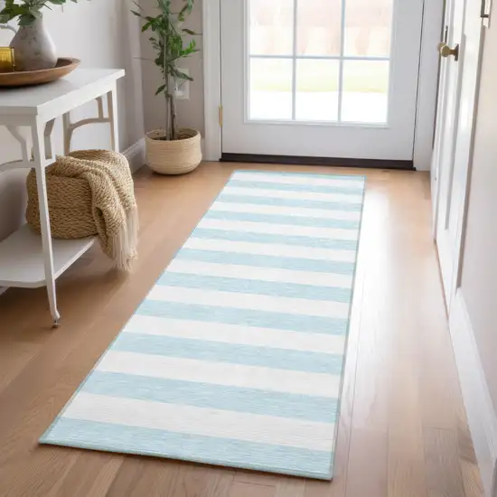 8' Runner Sky Blue Striped Washable Non Skid Indoor Outdoor Runner Rug Photo 9