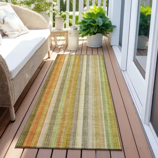 Tan Orange and Green Striped Washable Non Skid Indoor Outdoor Runner Rug Photo 8