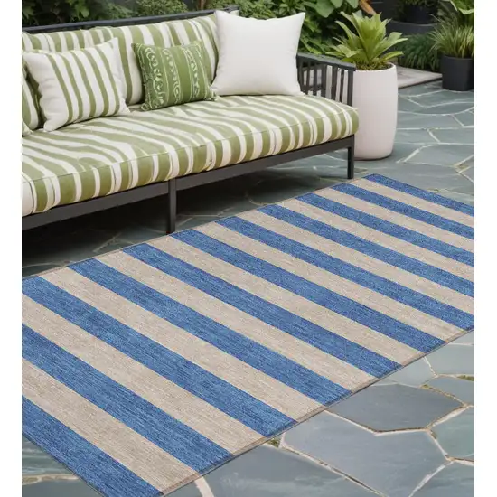 Tan Striped Washable Non Skid Indoor Outdoor Runner Rug Photo 1