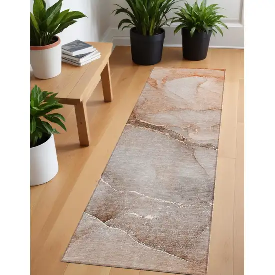 Taupe Abstract Washable Non Skid Indoor Outdoor Runner Rug Photo 1