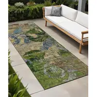 Photo of 8' Runner Taupe Blue and Green Floral Washable Non Skid Indoor Outdoor Runner Rug