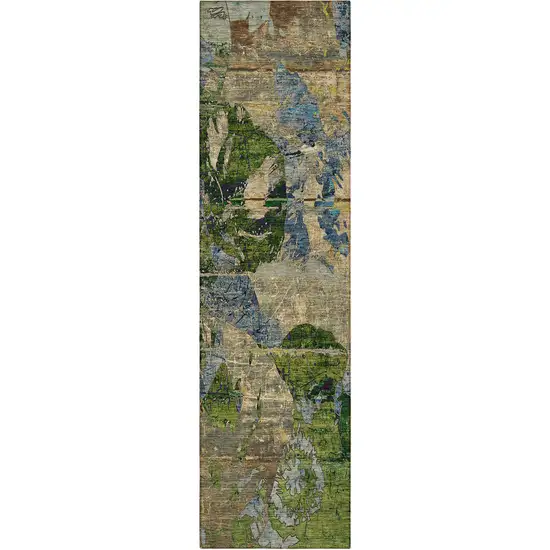 8' Runner Taupe Blue and Green Floral Washable Non Skid Indoor Outdoor Runner Rug Photo 4