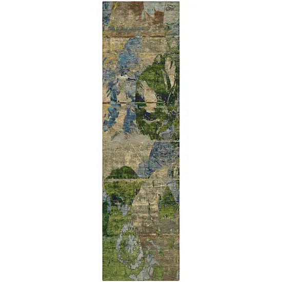 8' Runner Taupe Blue and Green Floral Washable Non Skid Indoor Outdoor Runner Rug Photo 2