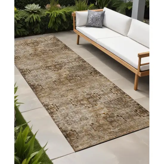 Taupe Floral Medallion Washable Non Skid Indoor Outdoor Runner Rug Photo 1