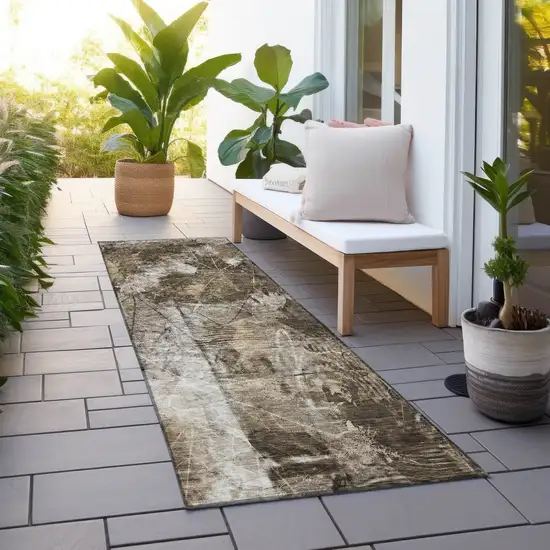 Taupe Floral Washable Non Skid Indoor Outdoor Runner Rug Photo 8