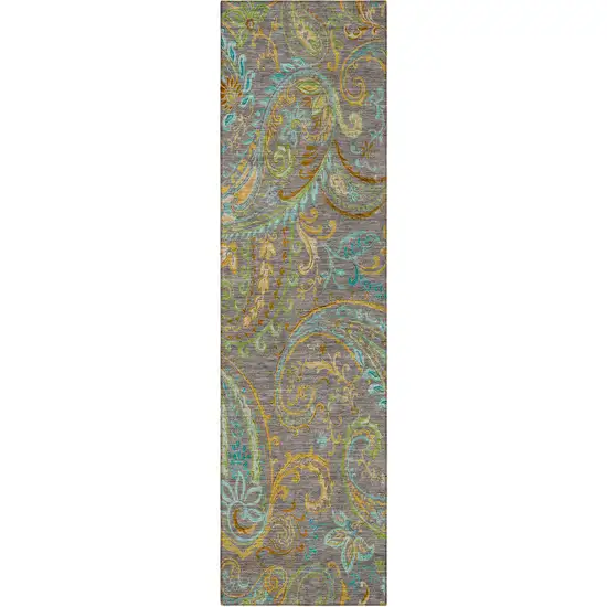 Taupe Paisley Washable Non Skid Indoor Outdoor Runner Rug Photo 4