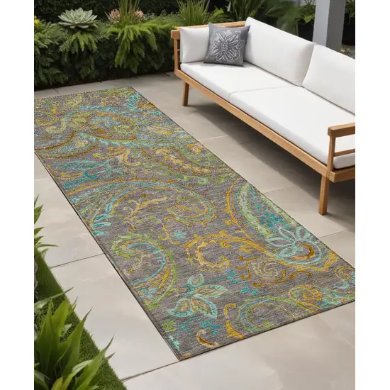 8' Runner Taupe Paisley Washable Non Skid Indoor Outdoor Runner Rug Photo 1