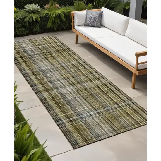 Green Beige and Gray Plaid Washable Non Skid Indoor Outdoor Area Rug Photo 1