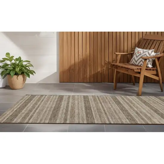 Taupe Striped Washable Indoor Outdoor Runner Rug Photo 1